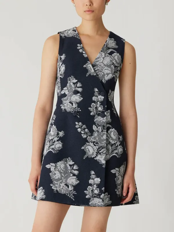 Rebecca Taylor Venice Toile Jacquard Double Breasted Mini Dress in Indigo Combo