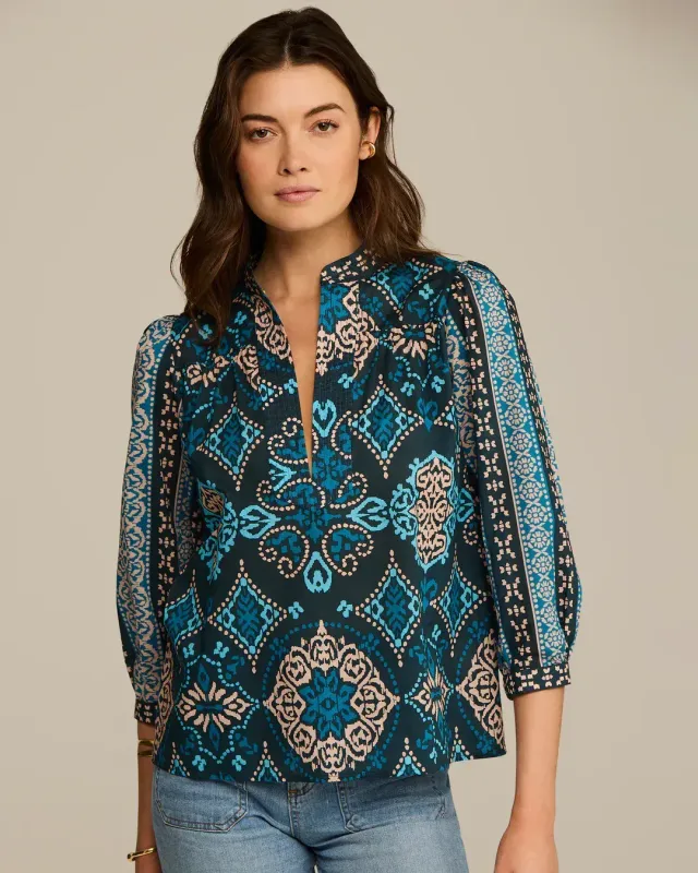 Figue Danilia Top in Medallion Bands Peacock Blue