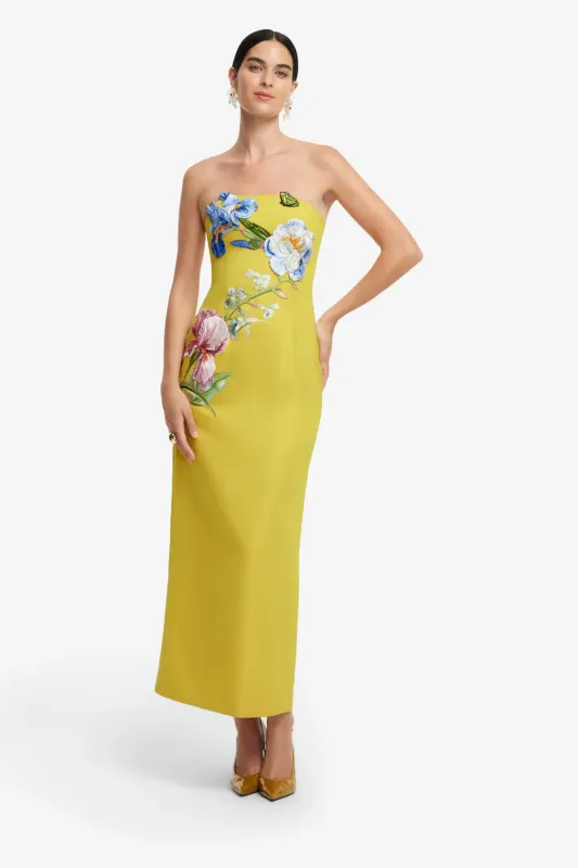 Leo Lin Rayna Applique Floral Bustier Maxi Dress in Mustard