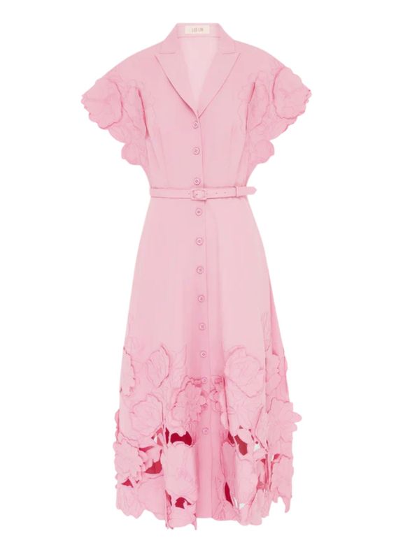 Leo Lin Aubrey Applique Shirt Midi Dress in Flamingo