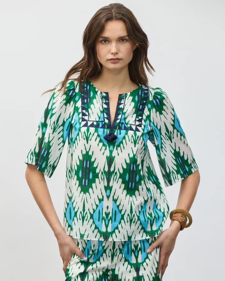 Figue Bodhi Top in Iznik Ikat Garden Green