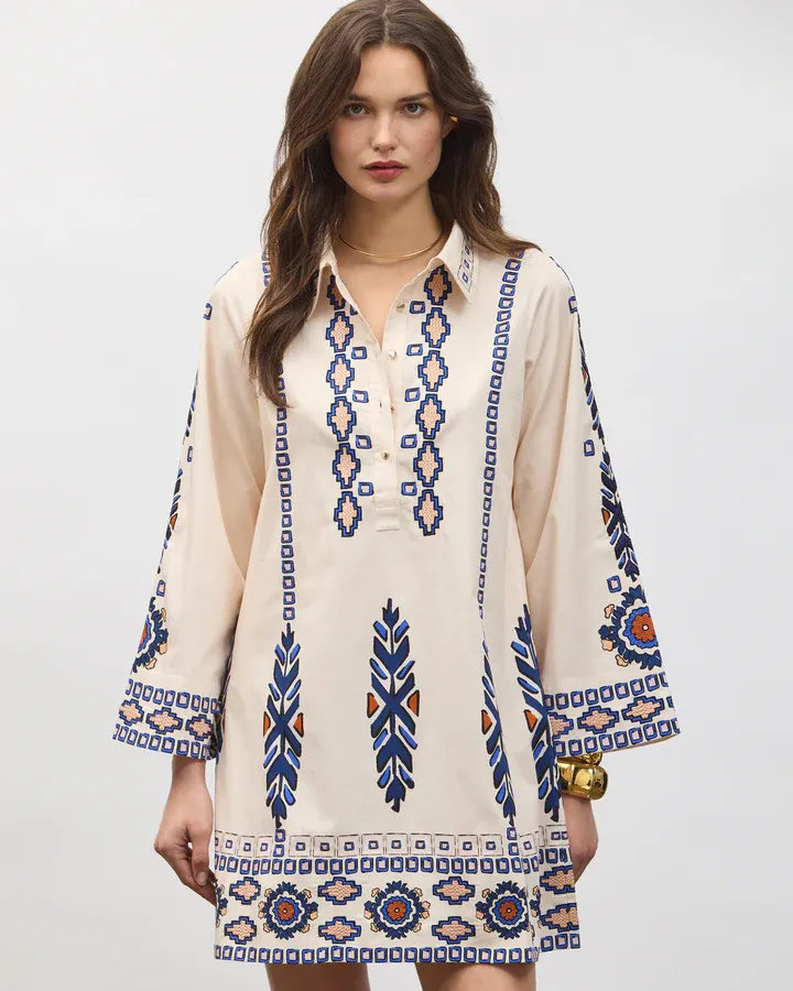 Figue Jamie Dress in Medallion Tapestry Biscotti Beige