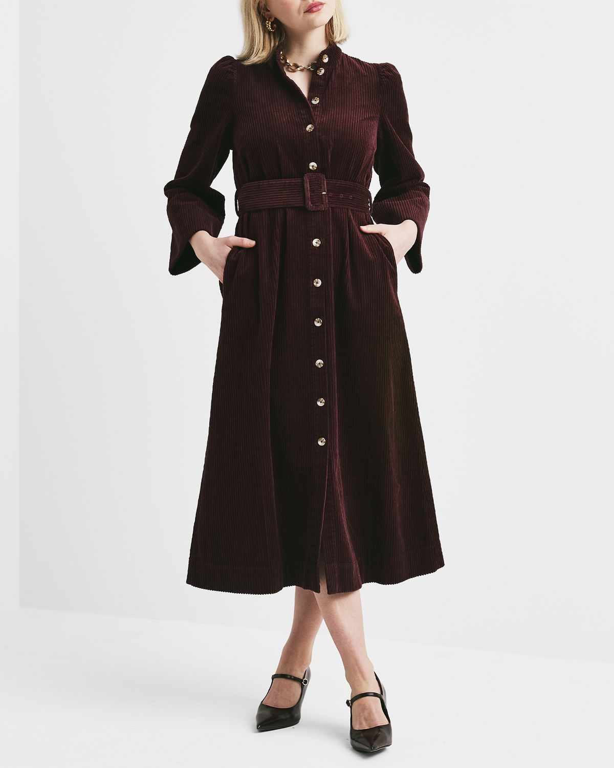 Bytimo Corduroy Belt Dress in Burgundy