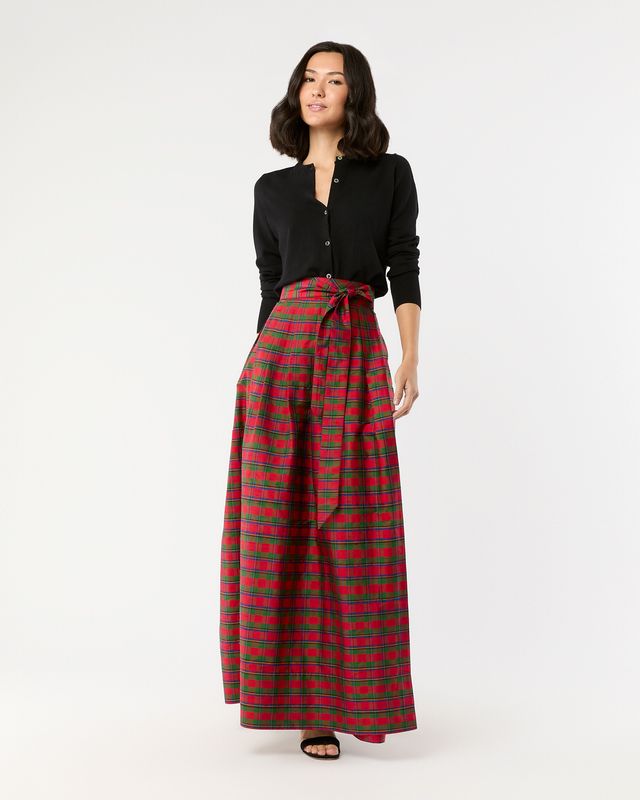 Ann Mashburn Pleated Wrap Skirt in Red Holiday Tartan Silk Shantung