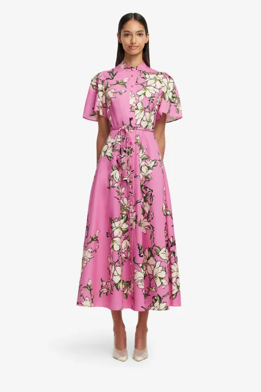 Leo Lin Bianca Short Sleeve Midi Dress in Pink Magnolia Print