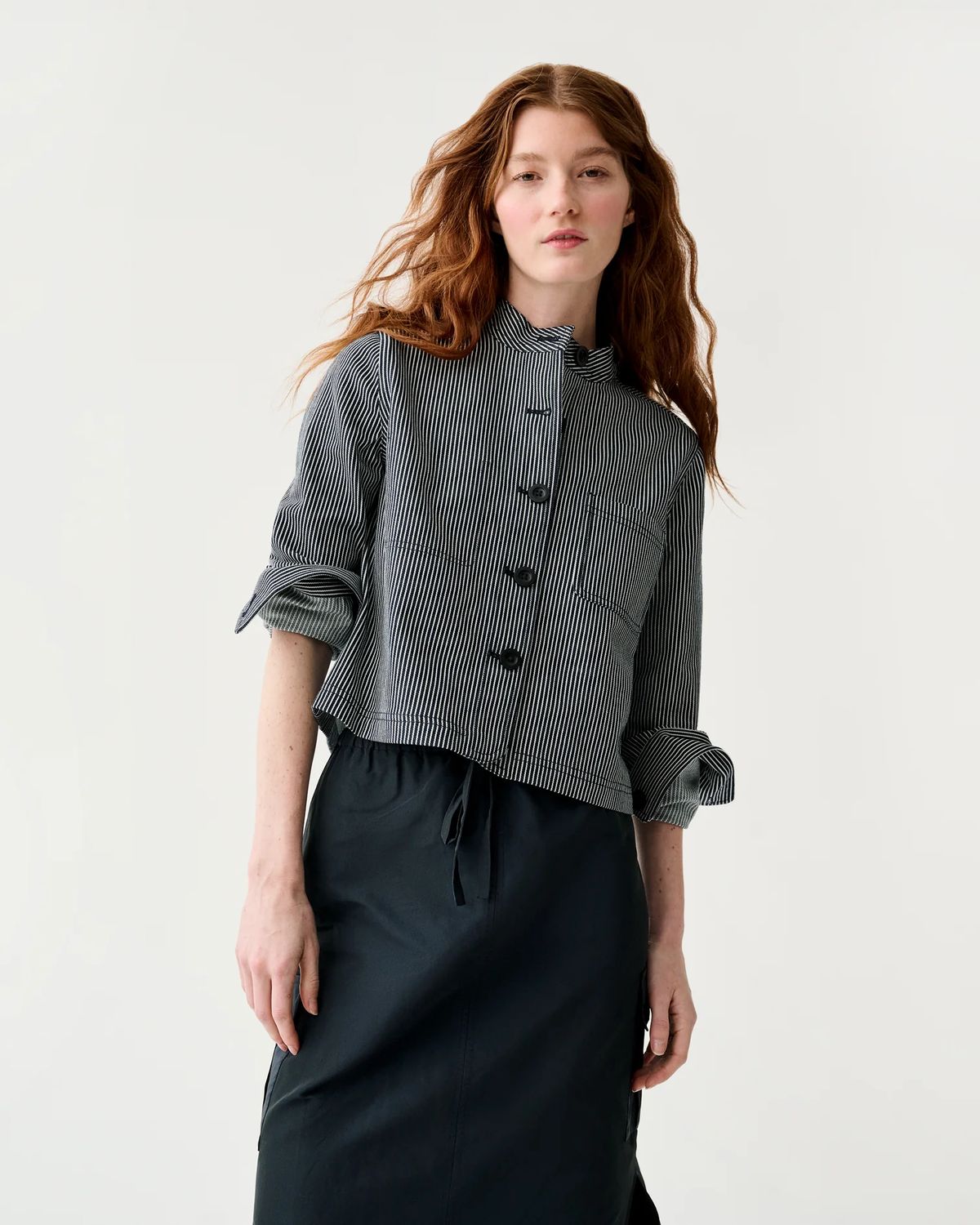 Ann Mashburn Short Chore Jacket in Indigo Railroad Stripe Denim