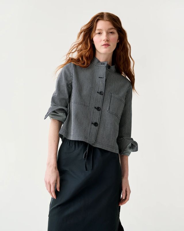 Ann Mashburn Short Chore Jacket in Indigo Railroad Stripe Denim