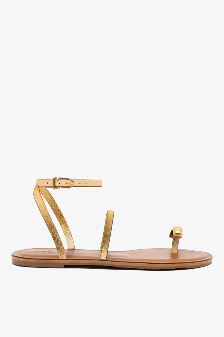 Larroude Biarritz Flat Sandal in Gold Metallic Leather