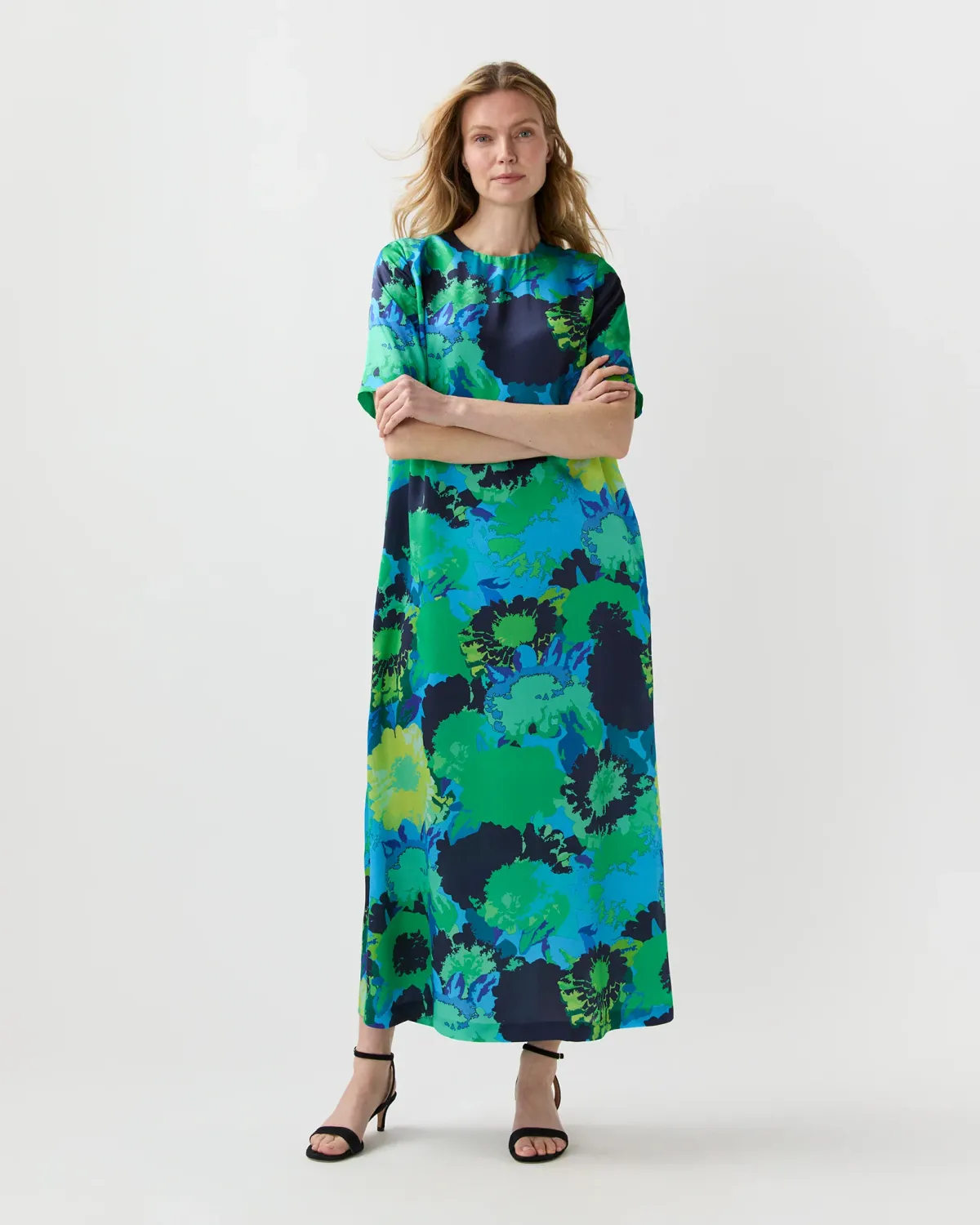 Ann Mashburn Paige Maxi Dress in Blue/Green Floral Printed Silk