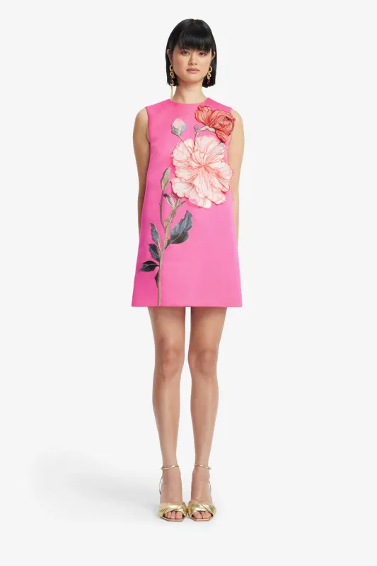 Leo Lin Yvonne Applique Floral Mini Dress in Peony Print Fuchsia