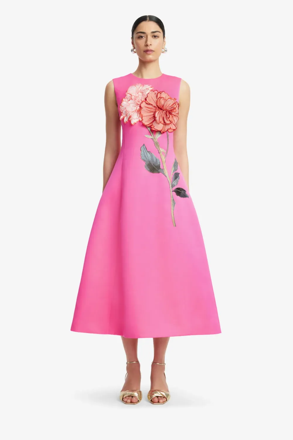 Leo Lin Cleo Applique Sleeveless Midi Dress in Peony Print Fuchsia