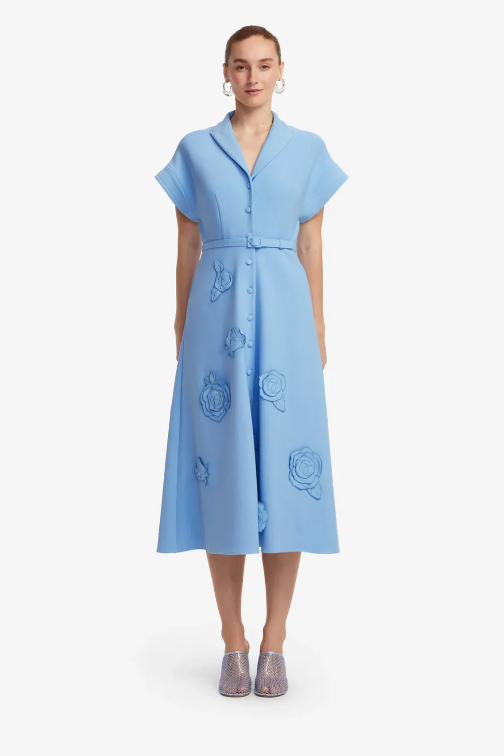 Leo Lin Aubrey Applique Shirt Midi Dress in Pastel Blue