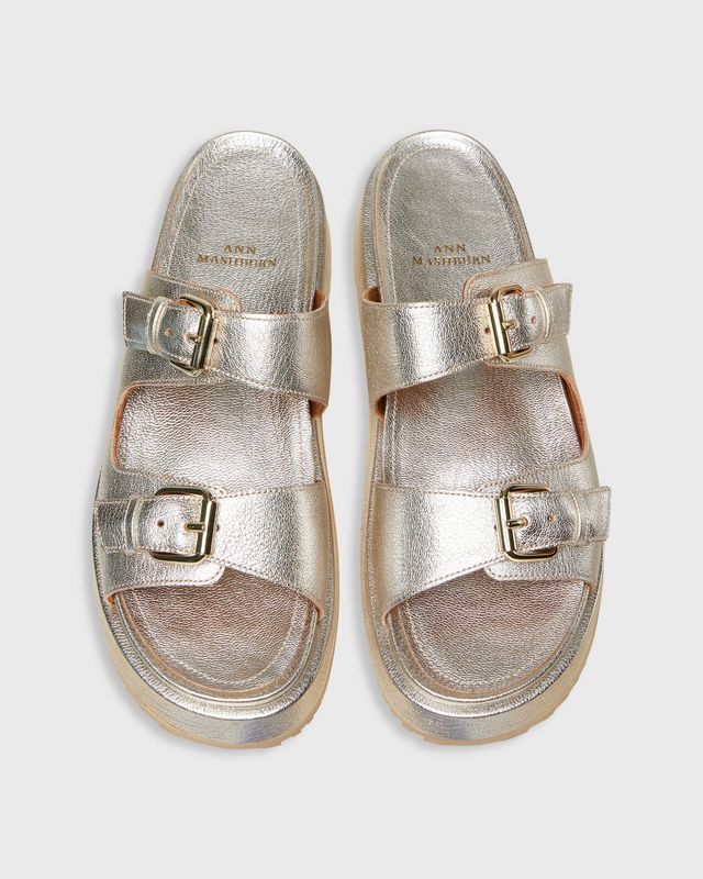 Ann Mashburn Double Buckle Platform Slide in Light Platino Leather