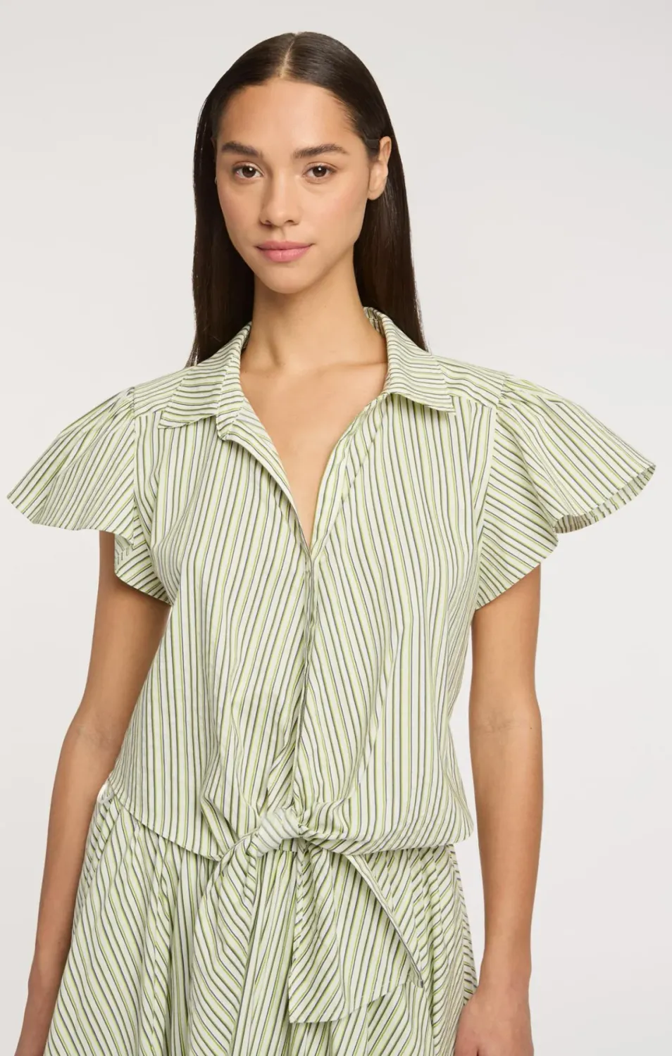 Cinq a Sept Sophie Stripe Flutter Sleeve Marianna Top in Ivory/Lime