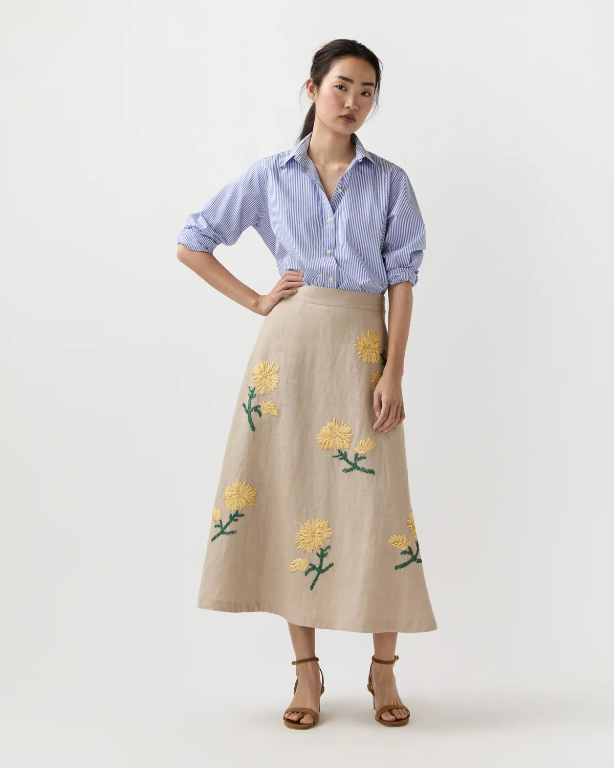 Ann Mashburn Renee Skirt in Yellow/Flax Ribbon Embroidered Linen