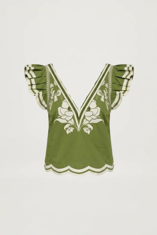 Scarlett Poppies Vittore Top in Calla Green/Papyrus