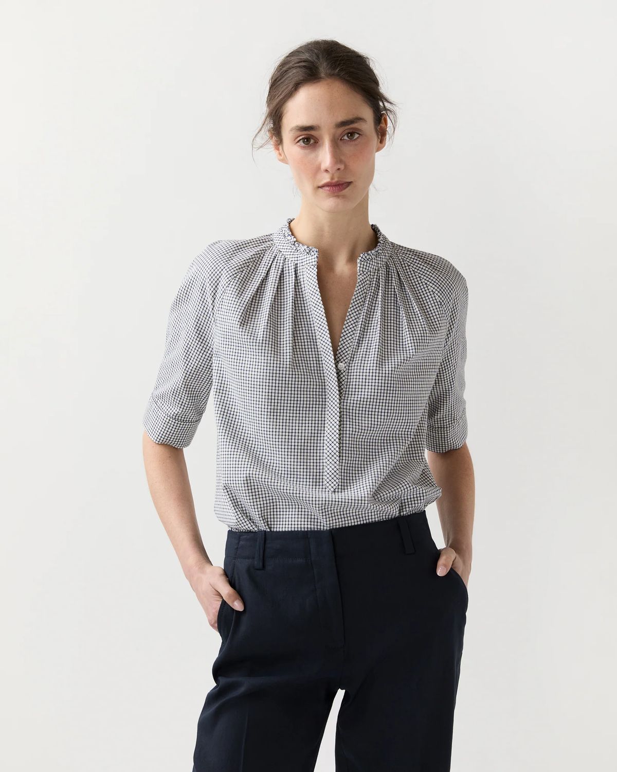 Ann Mashburn Sage Blouse in Navy/Ivory Graph Check