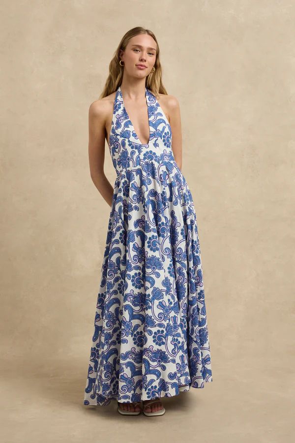 Hannah Sienna Dress in Brocade Azul