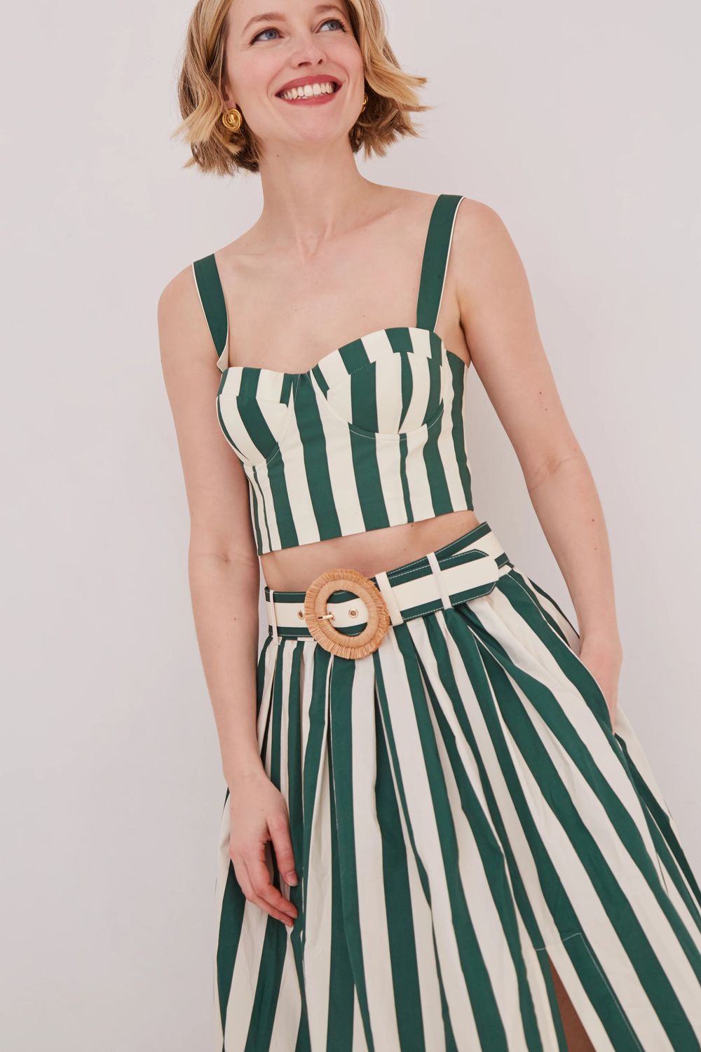 Cara Cara Claudine Top in Green White Stripe
