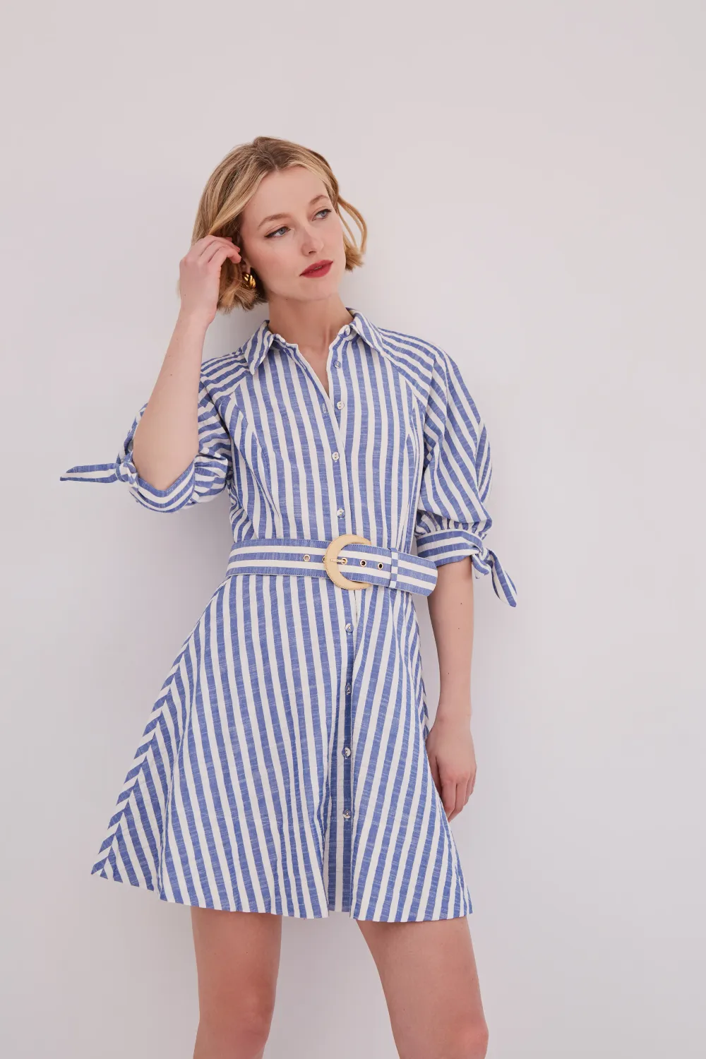 Cara Cara Caro Mini Dress in Seersucker Blue Stripe