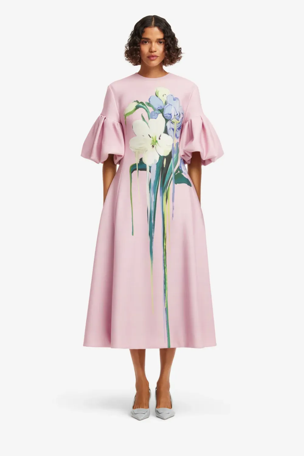 Leo Lin Everly Midi Dress Bouquet Print in Pastel Pink