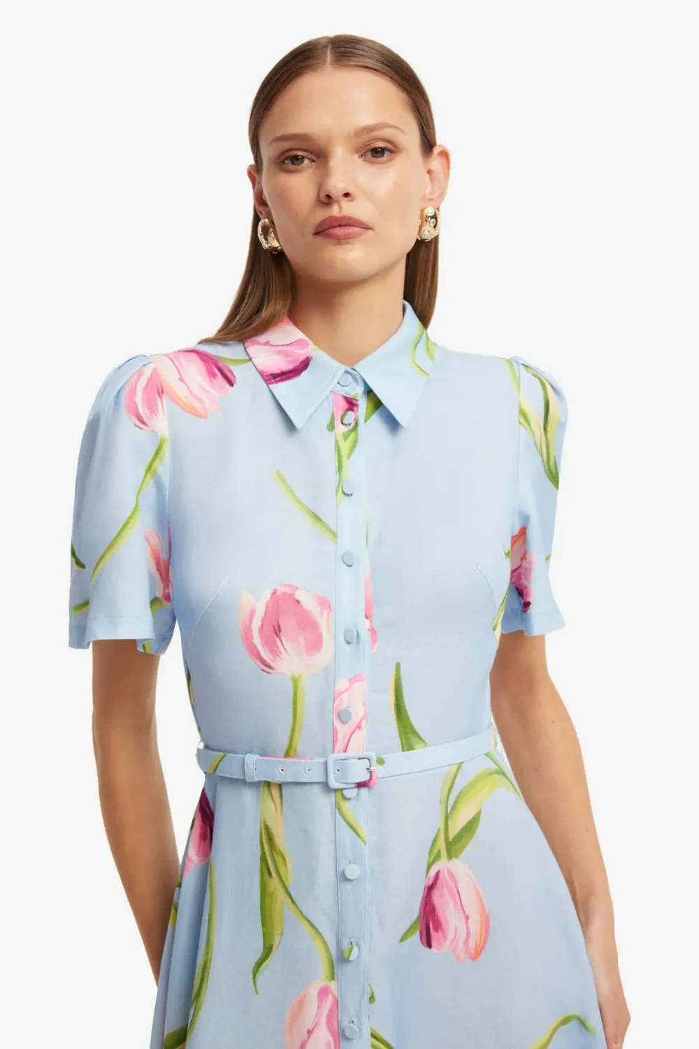 Leo Lin Becca Short Sleeve Midi Dress Tulip Print in Blue