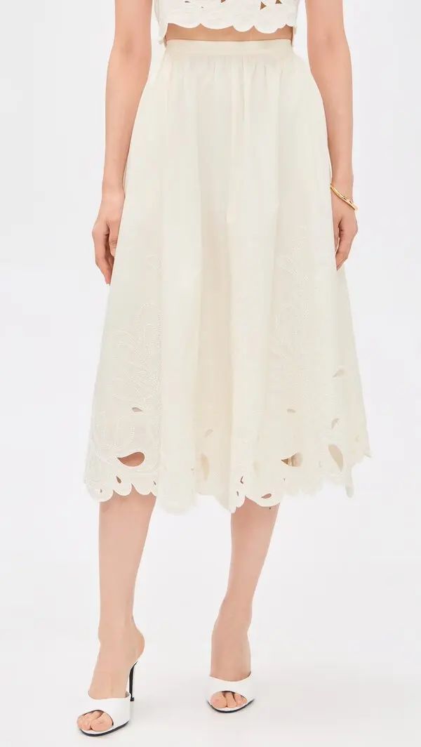 Cinq a Sept Paisley Bloom Embroidered Epse Skirt in Cream/White