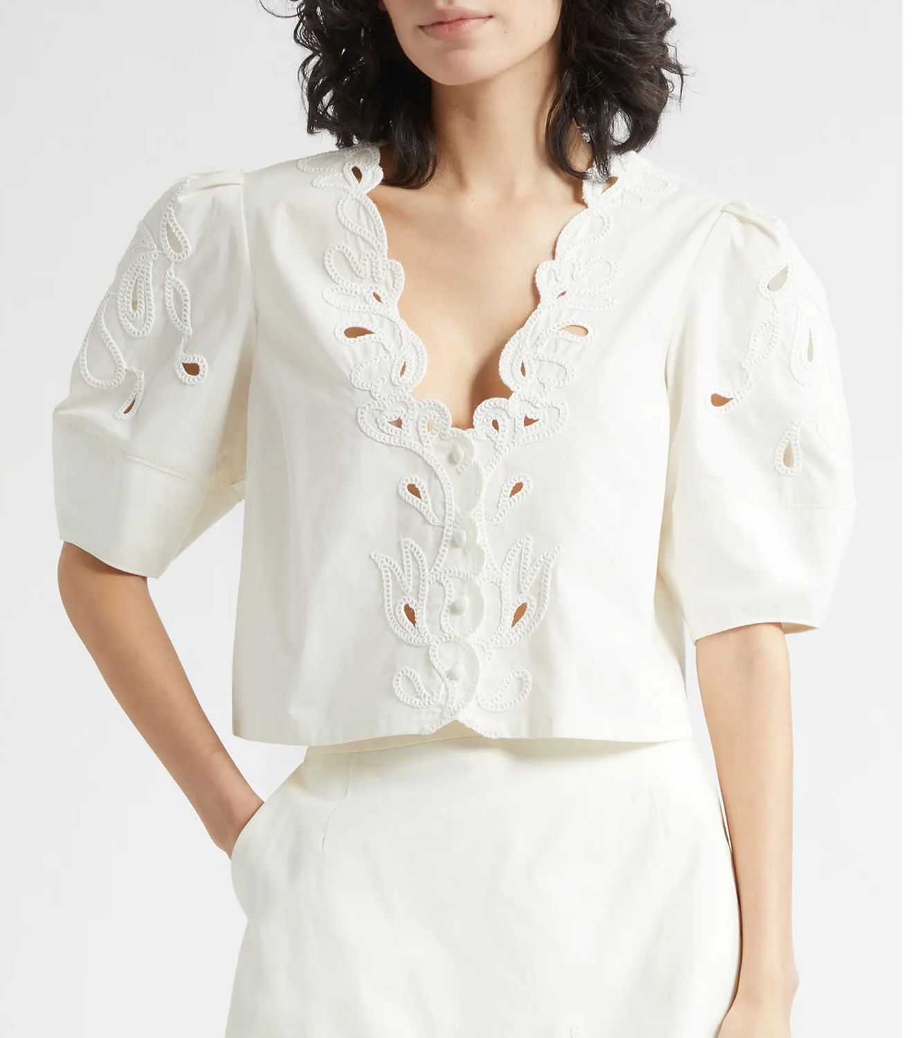 Cinq a Sept Paisley Bloom Embroidered Bellara Top in Cream/White