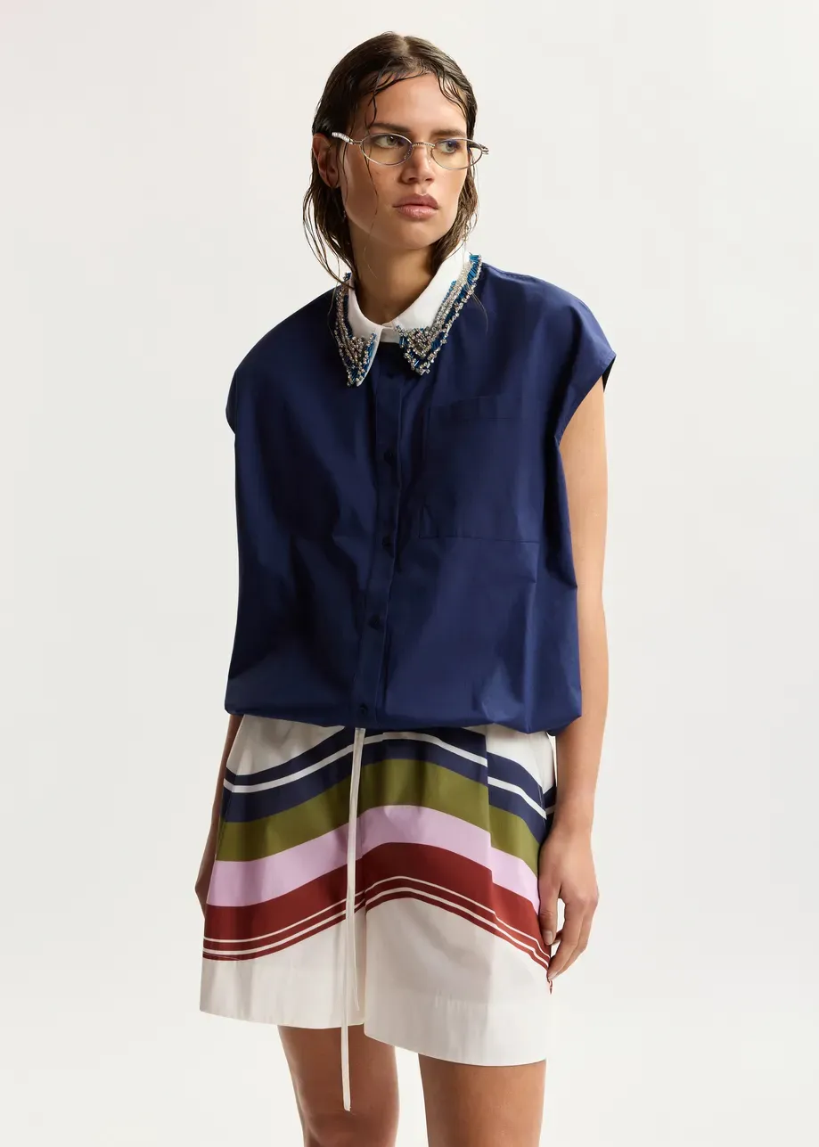 Essentiel Janky Beaded Collar Shirt in Navy
