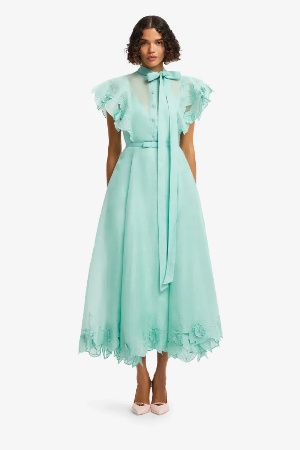 Leo Lin Elsie Applique Flutter Sleeve Maxi Dress in Pale Turquoise