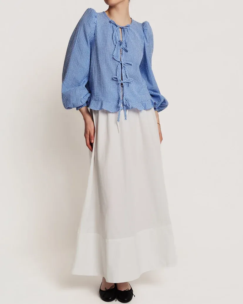Bytimo Seersucker Bow Blouse in Blue Checks