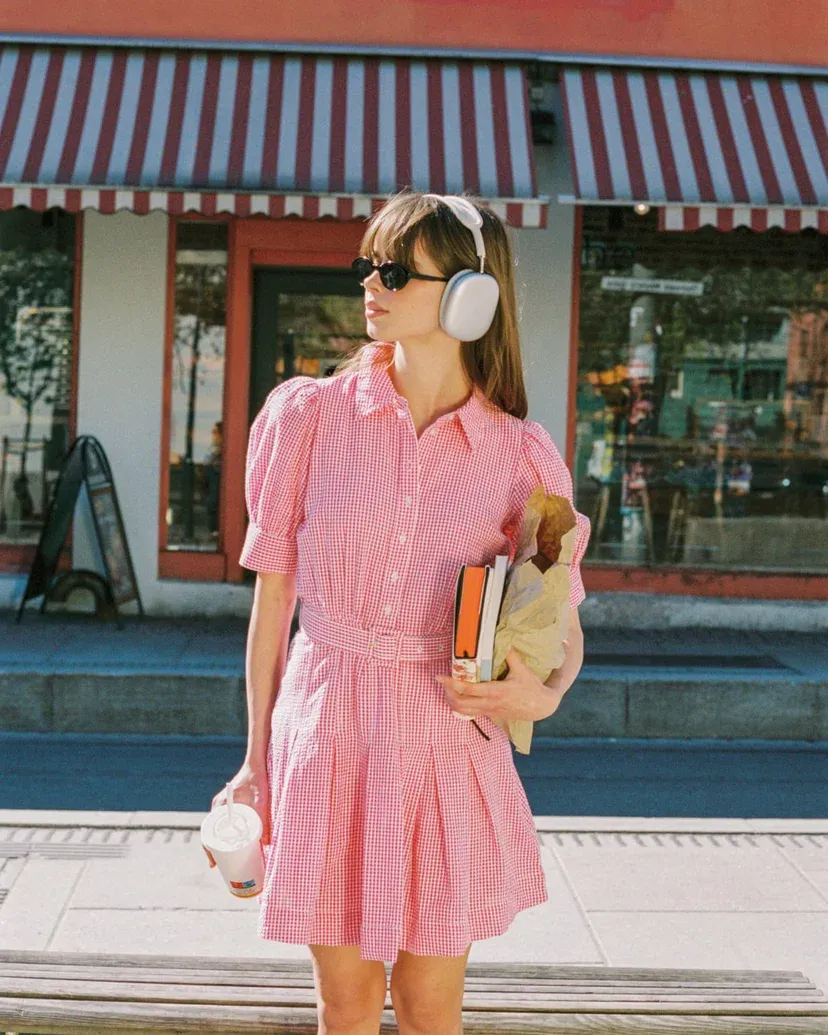 Bytimo Seersucker Pleated Dress in Pink Checks
