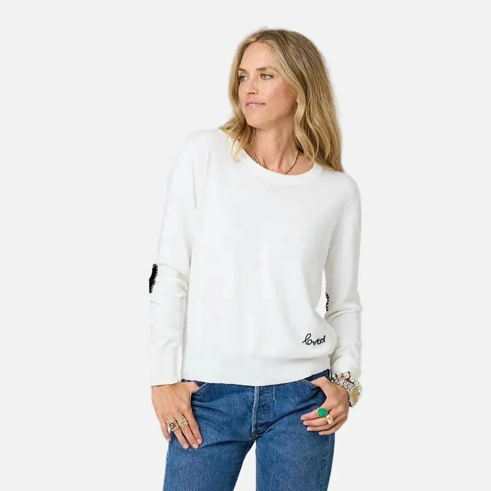 Kerri Rosenthal Patchwork Cotton Pullover in White/Blue Hearts
