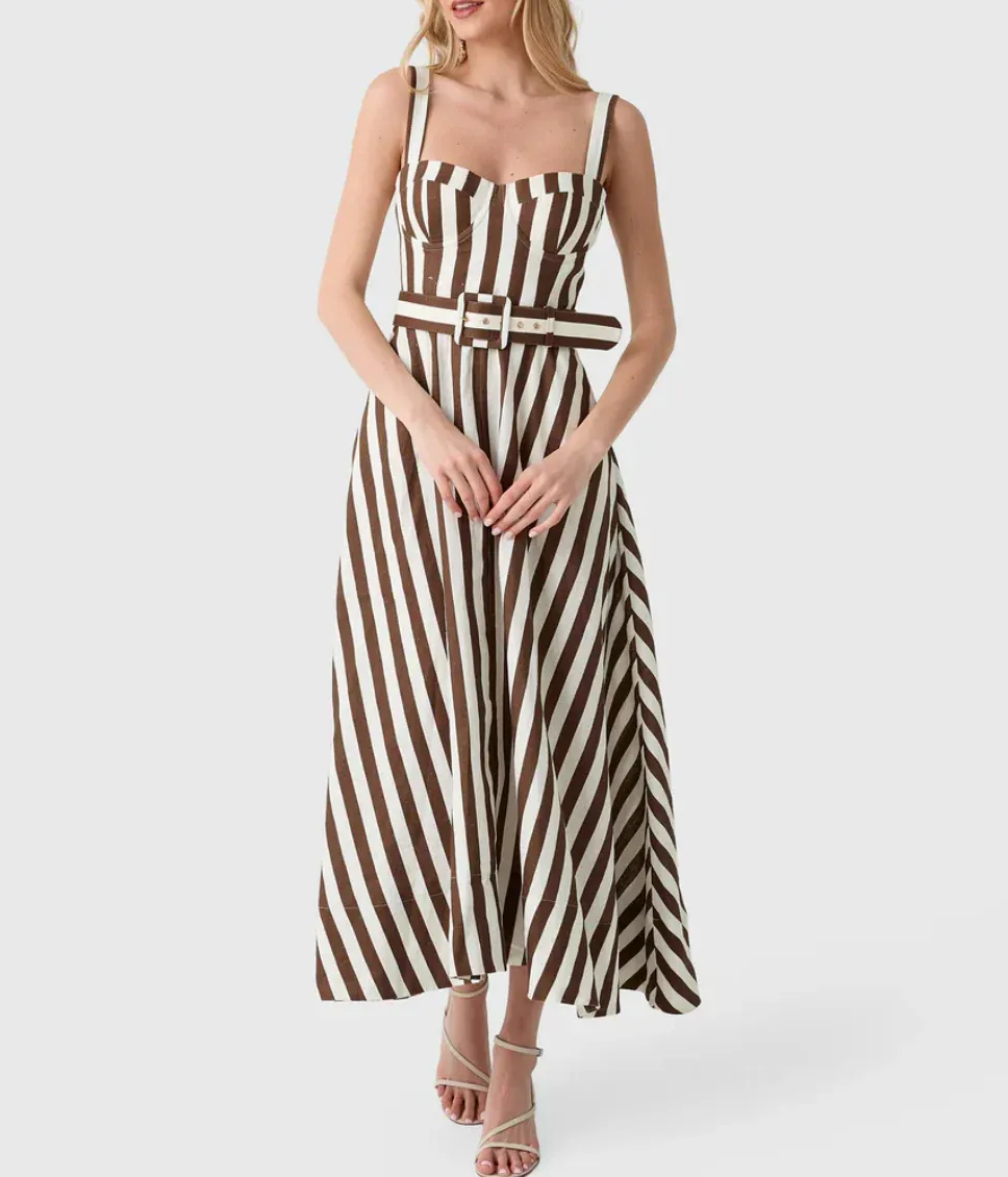 Cara Cara Calypso Dress in Brown Ivory Stripe