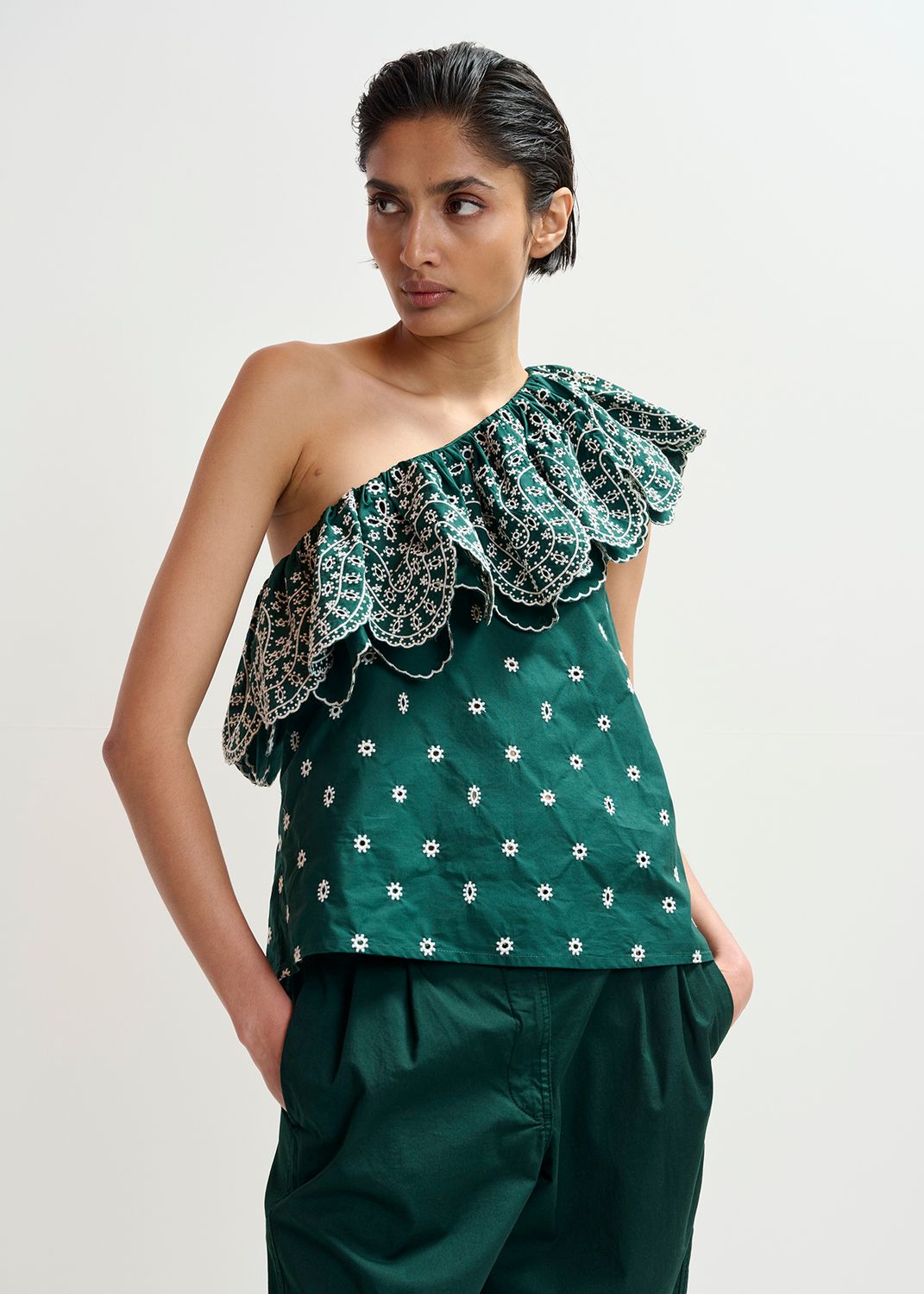 Essentiel Kath Scallop Edge Top in Bottle Green
