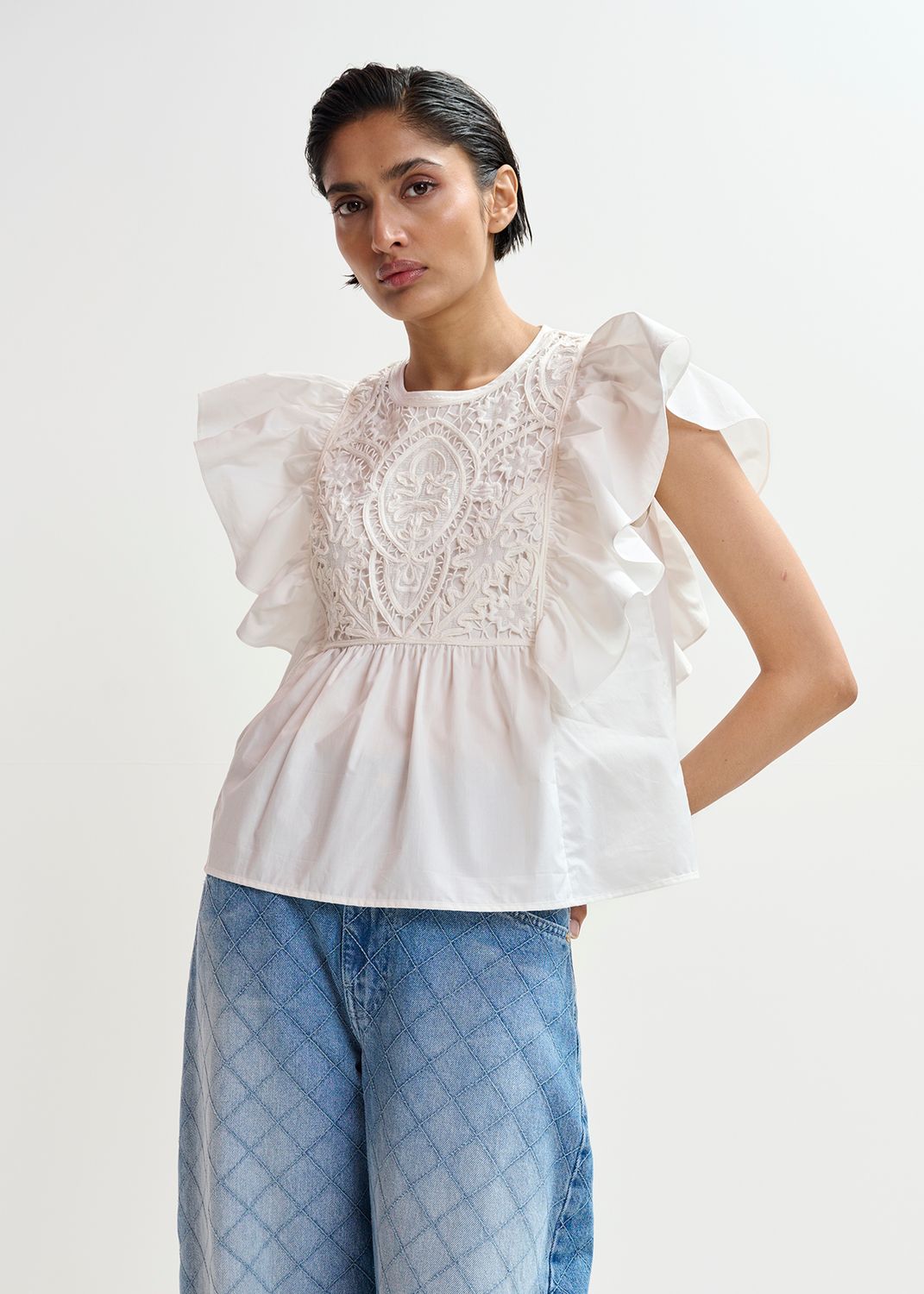 Essentiel Keany Lace Embroidered Top in White