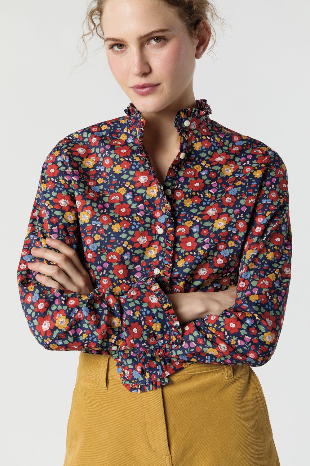 Ann Mashburn Frill Shirt in Navy/Multi Betsy Meadow Liberty