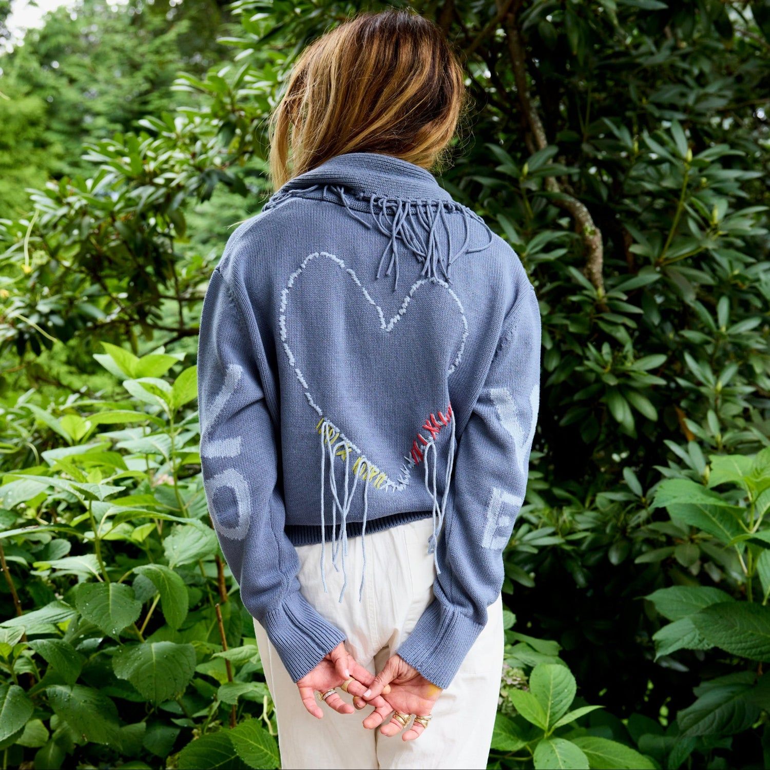 Kerri Rosenthal Fringe Shawl Collar Love Cardigan in Denim Bleu