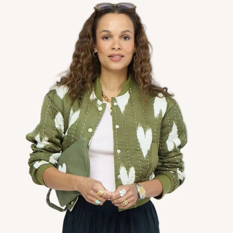 Kerri Rosenthal Ikat Heart Bomber in Army Green
