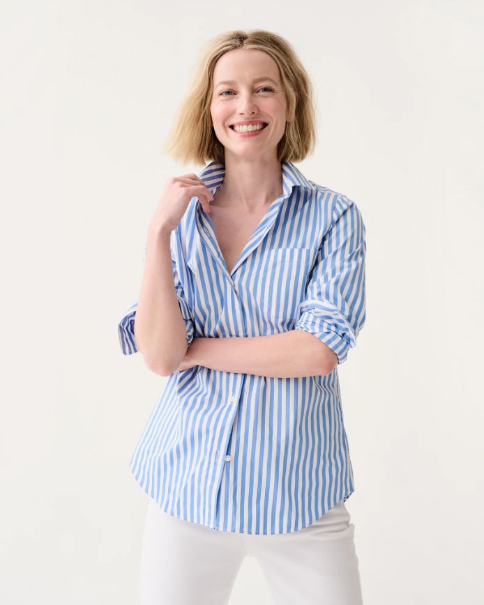 Ann Mashburn Sidney Shirt in Green/Sky Banker Stripe