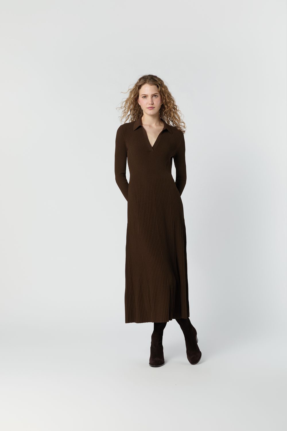 Ann Mashburn Addie Johnny Collar Sweater Dress in Brown