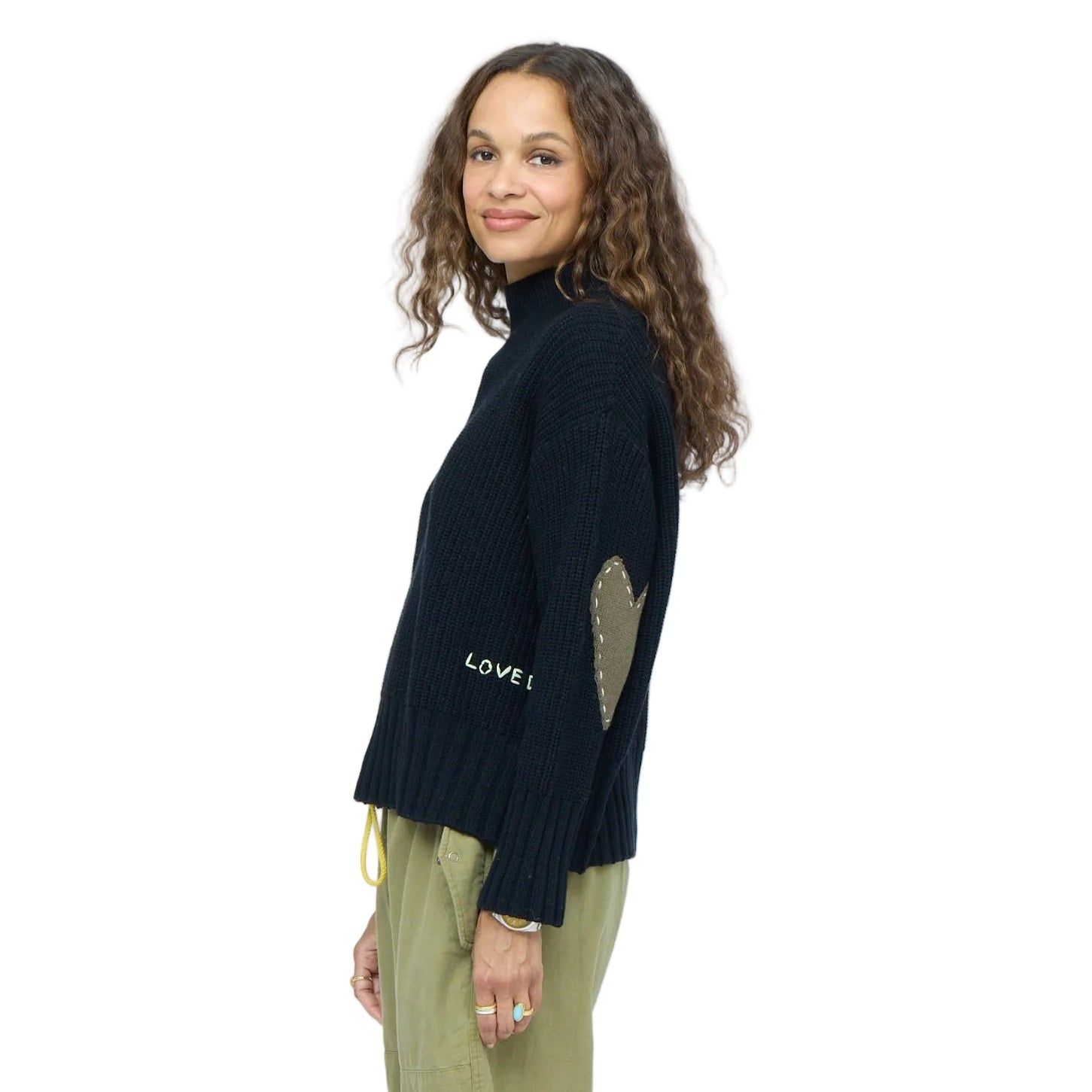 Kerri Rosenthal Marlow Imperfect Heart Sweater in Black &amp; Khaki