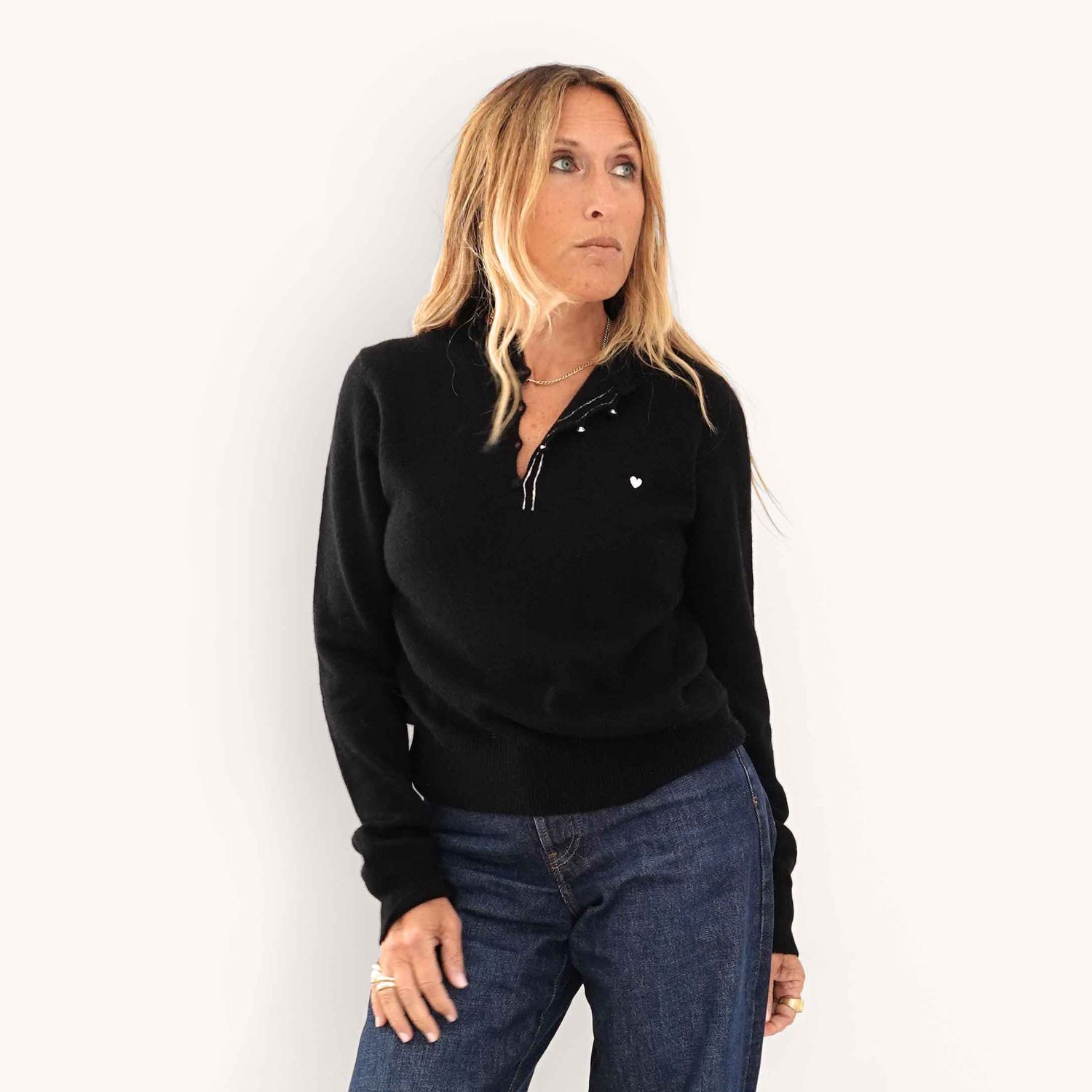 Kerri Rosenthal Femme Ruffle Henley Sweater in Black
