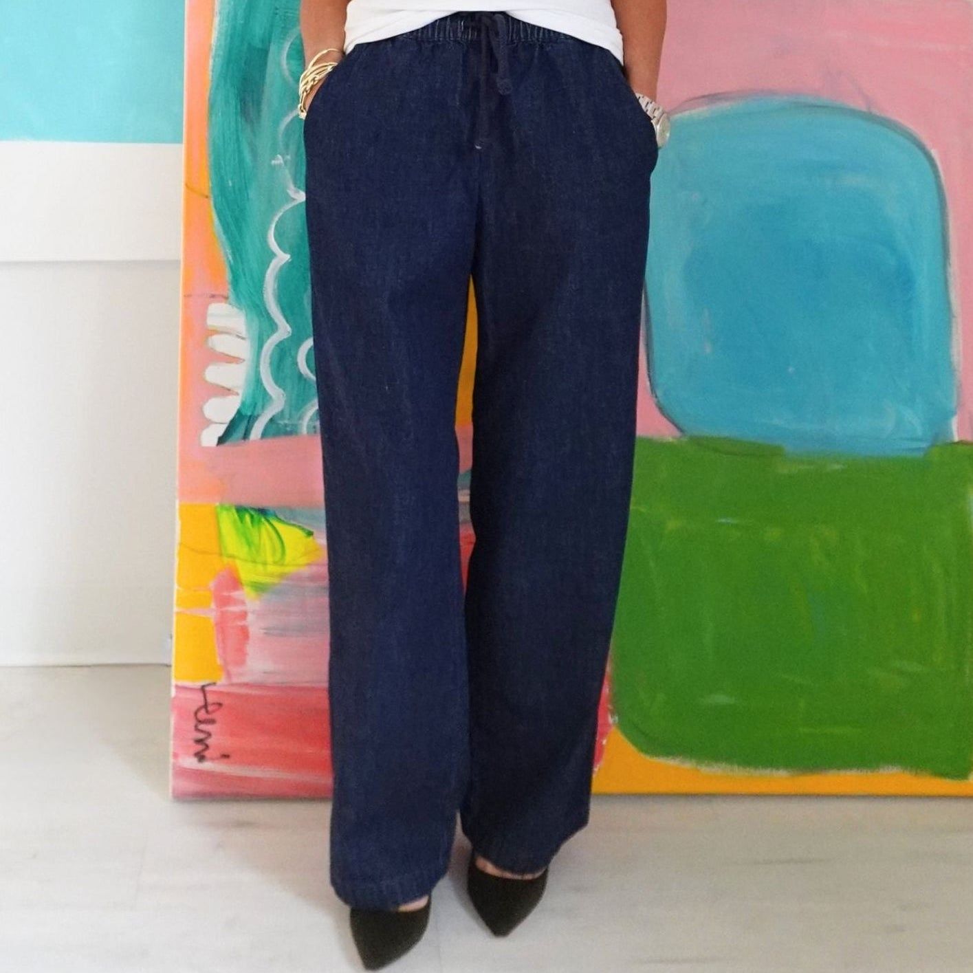 Kerri Rosenthal Palazzo Denim Pant in Dark Rinse