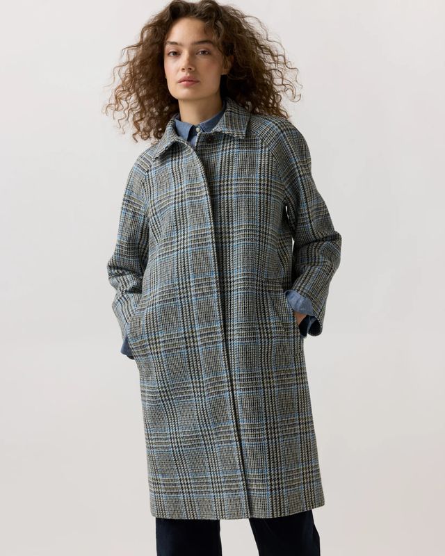 Ann Mashburn Balmacaan Coat in Grey/Sky Glen Plaid Harris Tweed