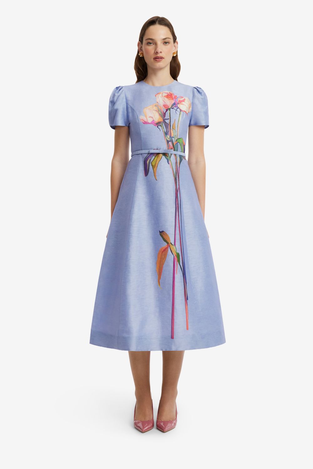 Leo Lin Marguerite Short Sleeve Midi Dress Rose in Periwinkle