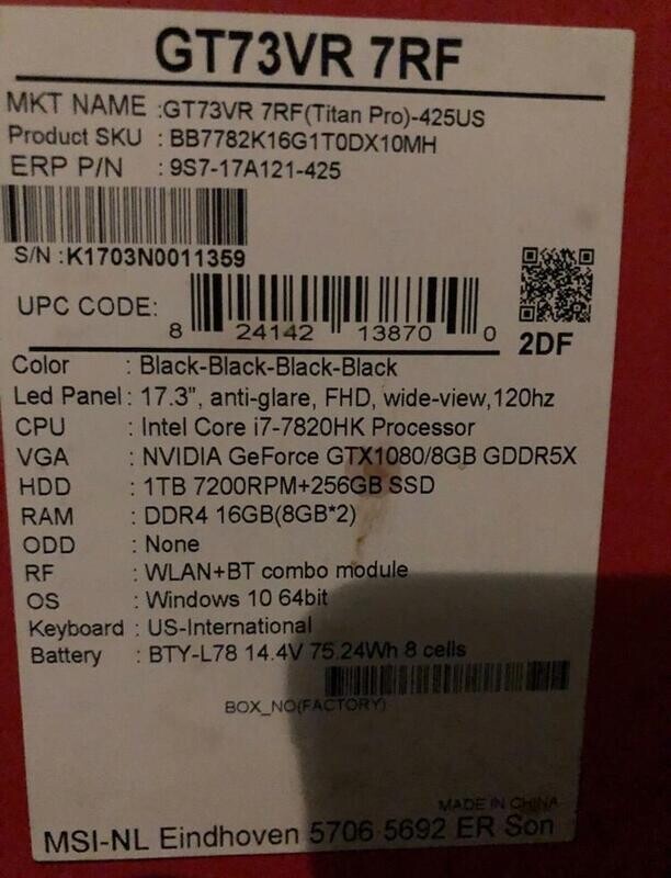 Msi Gt73vr Titan Pro 7rf I7-7700hq Gtx 1080 8gb 512gb