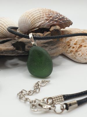 Sea Glass Pendant with leather thong and silver plated bail