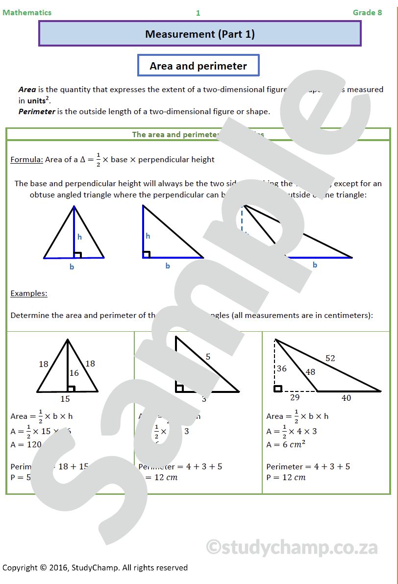 Grade 8 Mathematics Workbook: Measurement - Area and Perimeter