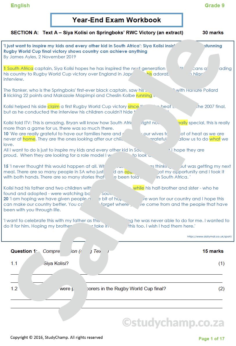 Grade 9 English Year-end Exam Revision: Comprehension and Language